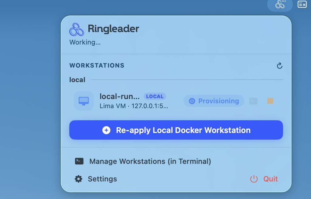 The menu-bar workstation list after onboarding.