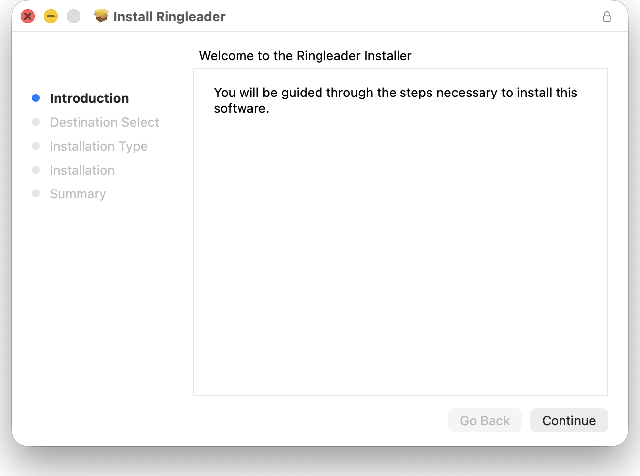 The Ringleader installer's welcome screen.