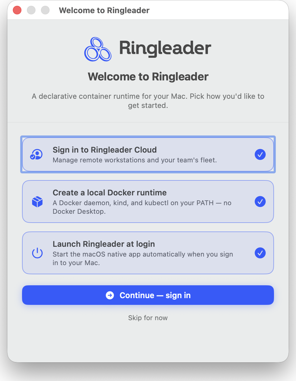 The first-run onboarding wizard with its three opt-in actions.