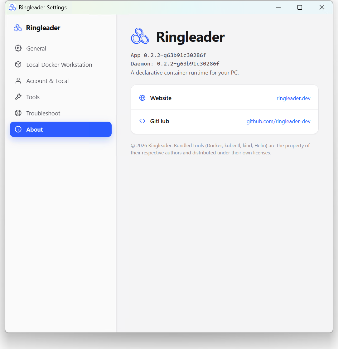The Settings window's About pane, with the app and daemon versions.